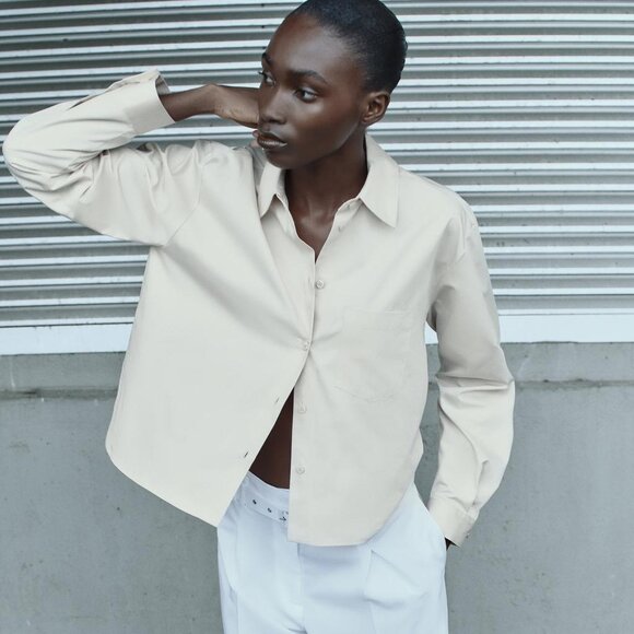 Zara NWT Satin Effect Twill Shirt 100% Cotton Long Sleeves Collared Beige Sz M - Picture 1 of 8